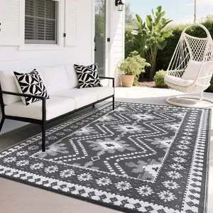 9x18 Gray White Waterproof Outdoor Plastic Straw Mat Reversible Patio Carpet, Stain Resistant Portable RV Camping Rug, Geometric Outside Floor Cover for Porch Deck Garden Poolside Yard Picnic