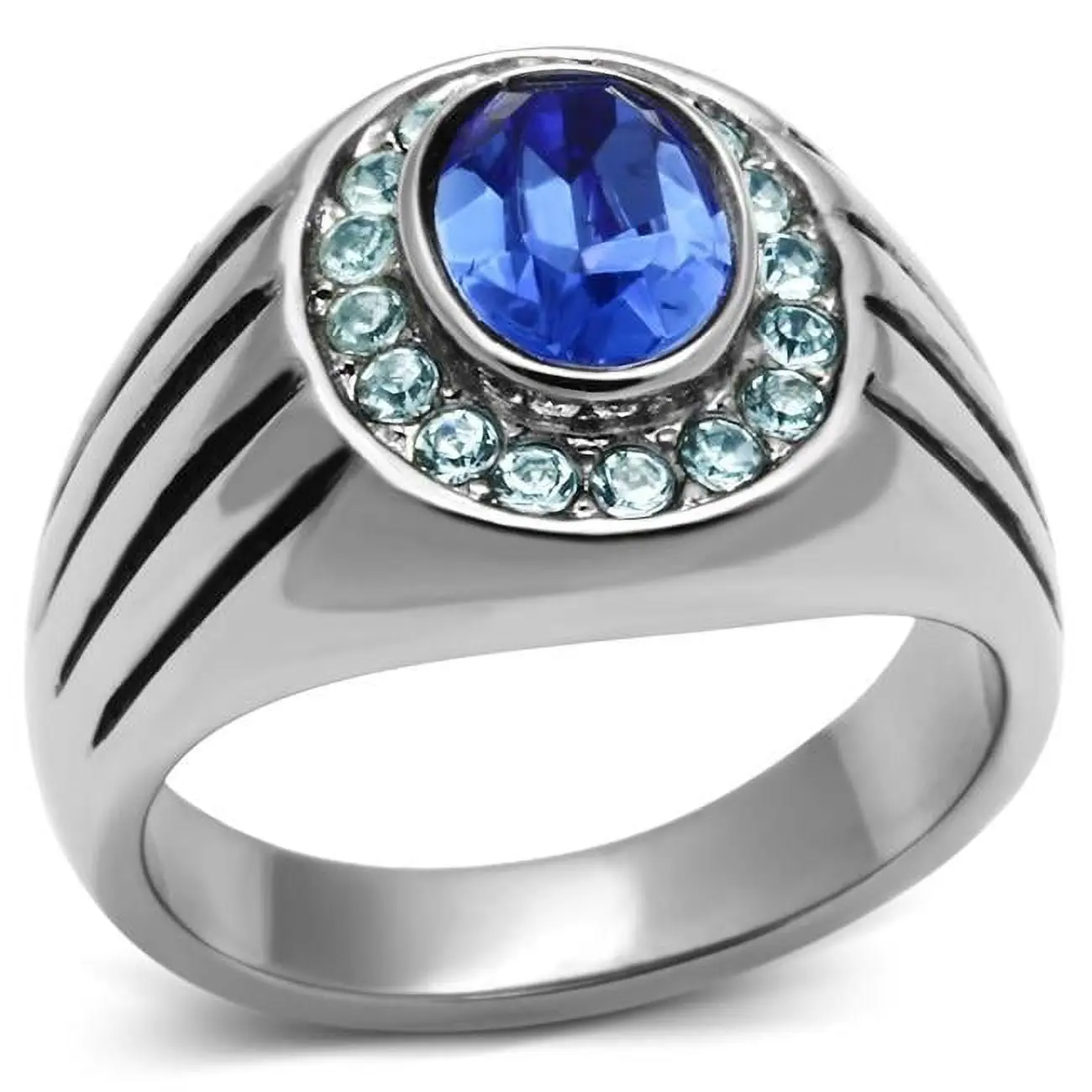 212 MAIN Men's Size 13 Unique Ring, High-Polished Stainless Steel, Top Grade Single Sapphire Crystal Accent Statement Ring, Unique Rings