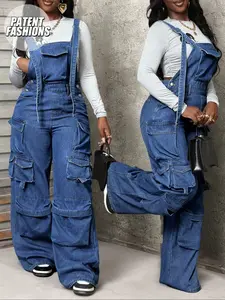 Women's Adjustable Strap Denim Solid Workwear Jumpsuit, Loose Fit Fashion Casual Overall, Spring & Fall Style, Comfortable and Stylish