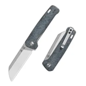 QSP Penguin V2 Folding Pocket Knife, 3.06" D2 Steel Blade EDC Knife, Liner Lock, Ceramic Ball Bearings, Bronze Washers, Reversible SS Deep Carry Clip, Micarta Handle (Denim Blue)