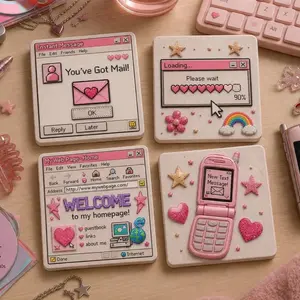 Y2K Girly Tech Ceramic Stone Coaster Set, 4x4 Inch, 4 Unique Retro Designs, Pink, Absorbent, 3D Raised Texture