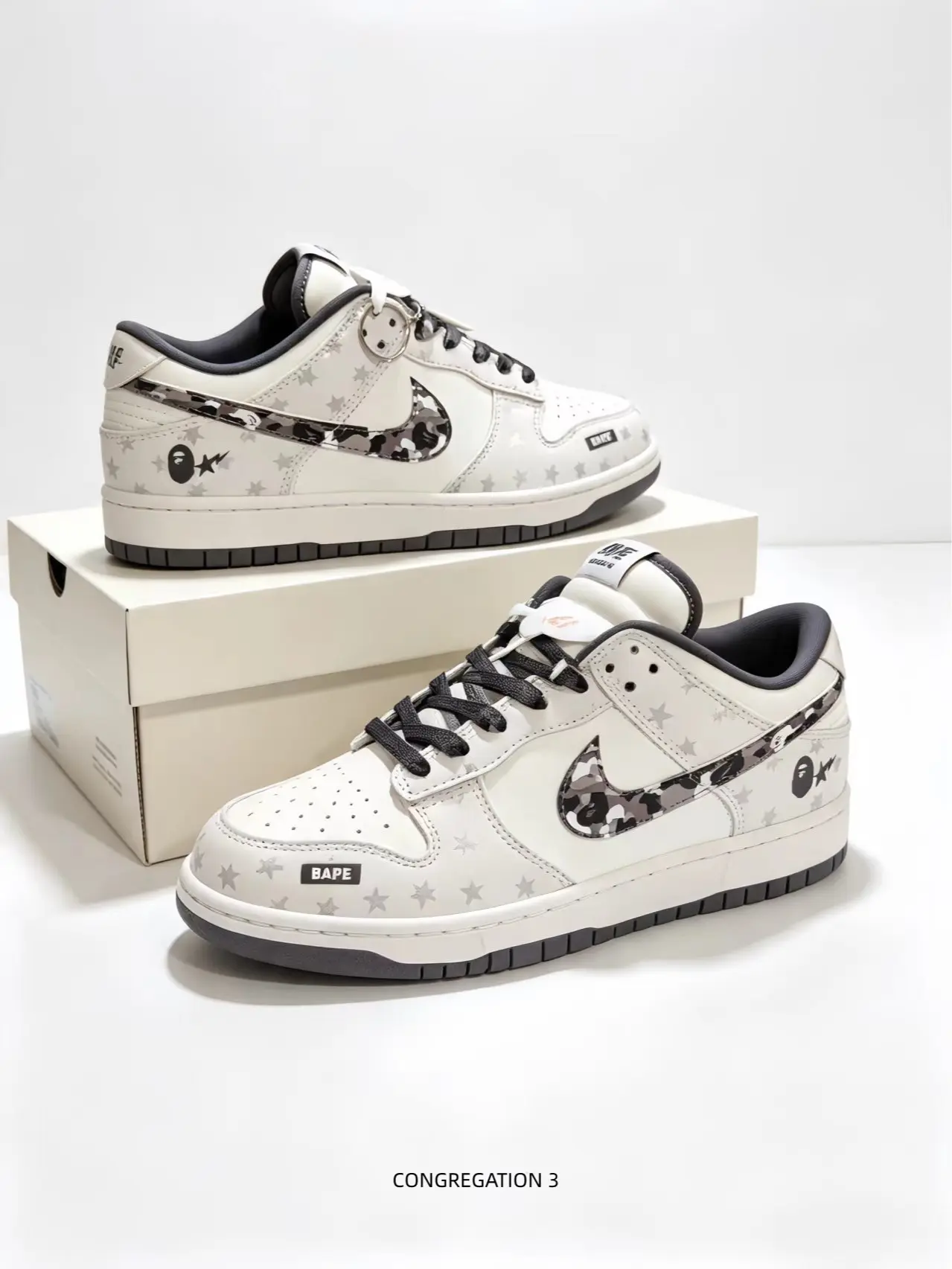 These off-white low-top sneakers decorated with star print and leopard swoosh deliver cool street vibes, premium leather upper offers all-day walking comfort.