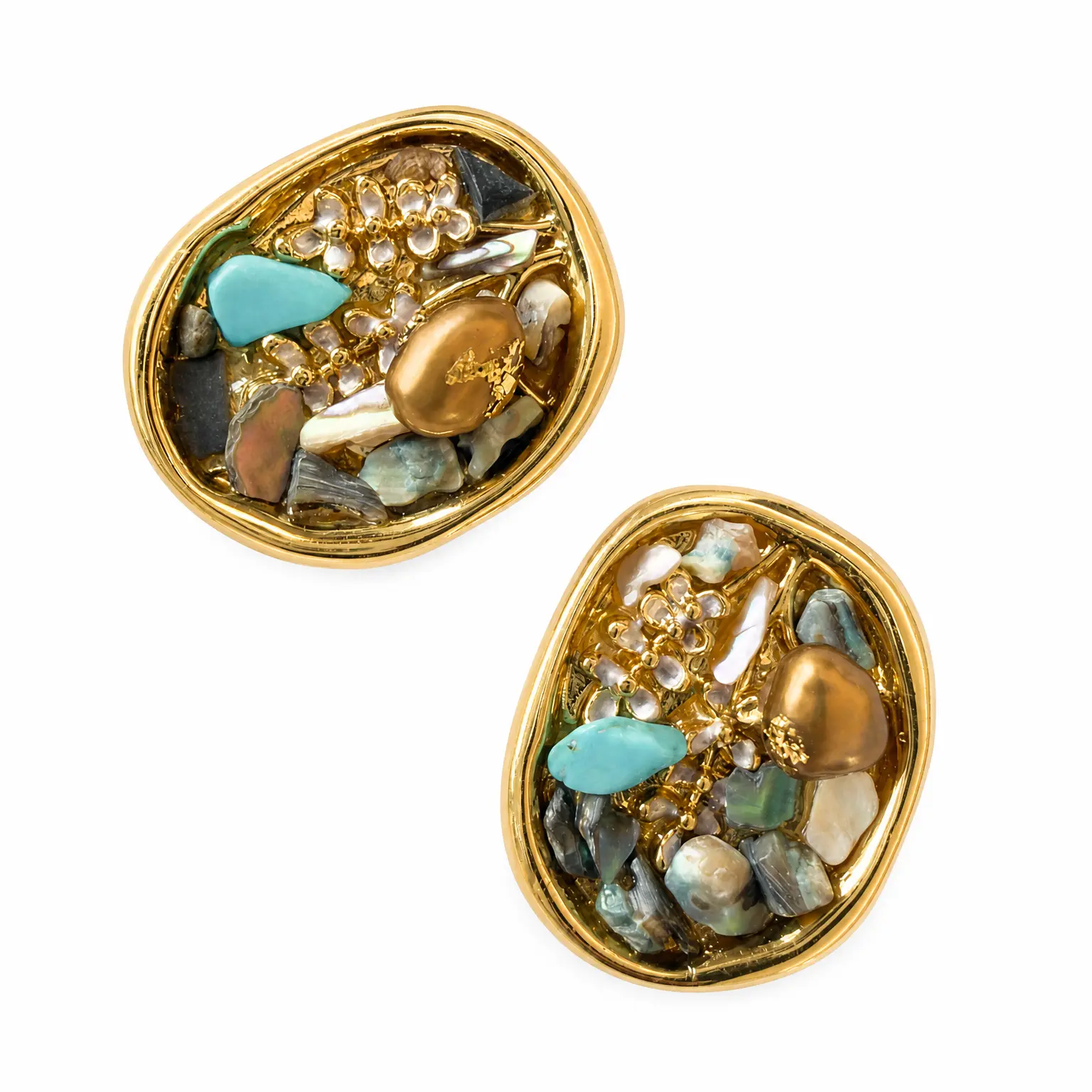 Women's Luxury Multi-Stone Oval Stud Earrings - Gold-Plated, Natural Stone&Shell, Boho Everyday Fashion Costume Jewelry Gift elegant daily wear jewelry