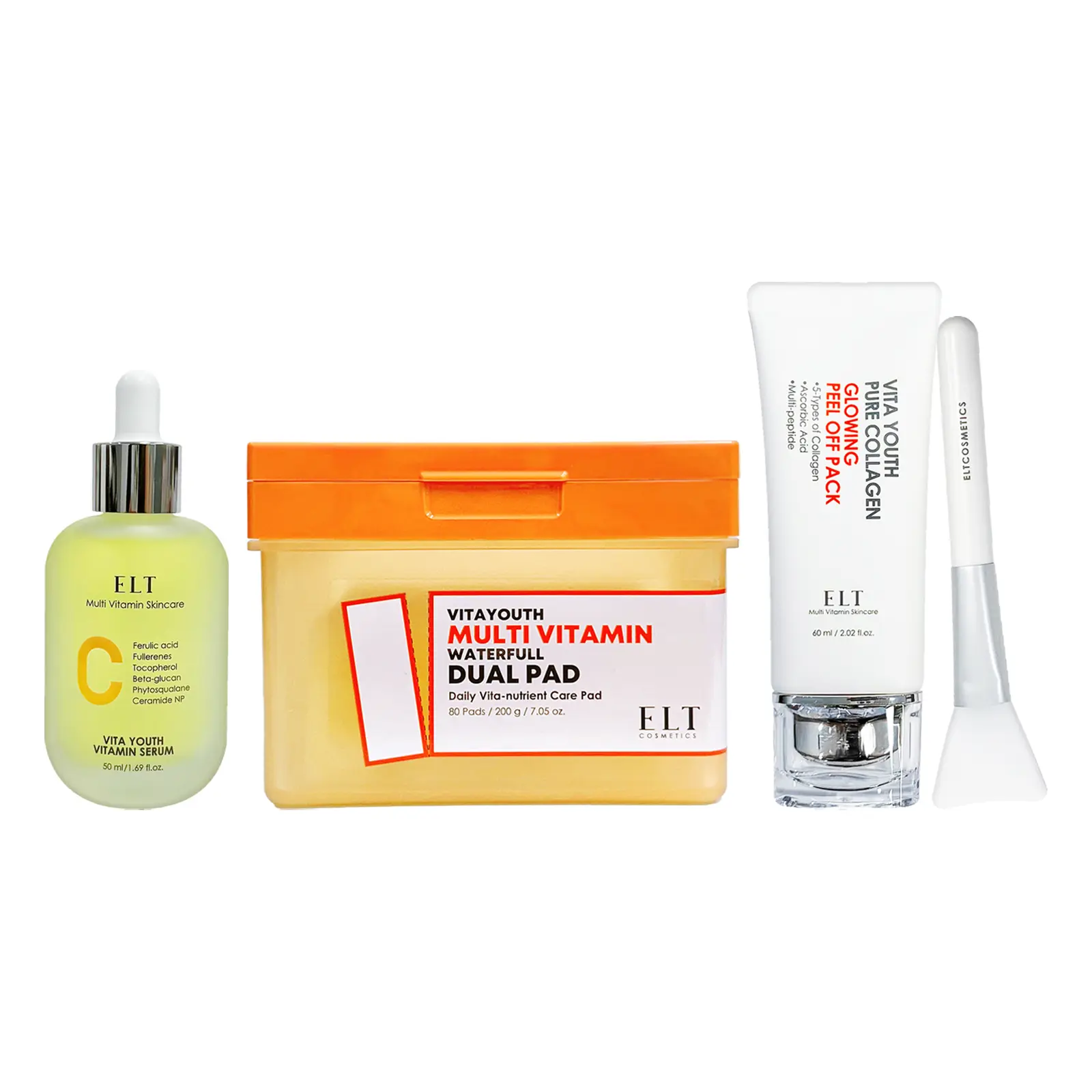 ELT Bright & Firm Trio Set - Vita-Youth Vitamin C Serum, Waterfull Dual Pad, Pure Collagen Glowing Peel-Off Pack by KOLMAR KOREA