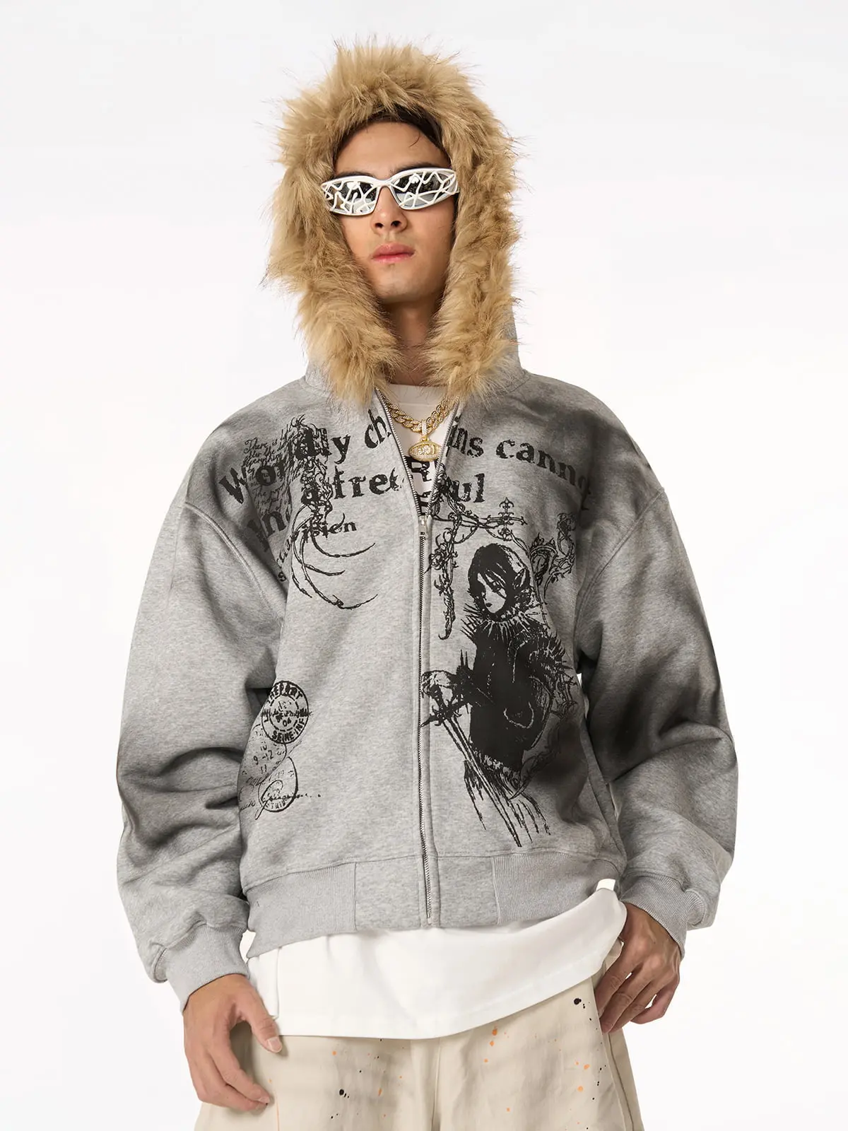 Thesupermade x Mortemartt Men's Streetwear Graphic Sweatshirt with Tie-Dye Print, Faux Fur Trim Hood and Ribbed Hem, Tops, Sweatshirts, Menswear, Casual, Long Sleeve, Graphic Hoodies, Streetwear Hoodie, Cotton