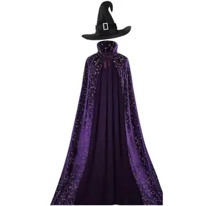 Women's Witch Cape Wizard Vampire Full Length Shiny Star Velvet Cloak with Witch Hat Halloween Christmas Costume Set