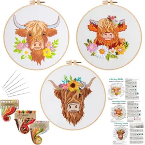 3 Sets Embroidery Kits for Beginners,Cross Stitch Kit for Adults,Starters DIY Needlepoint Including Hoop -Highland Cow and Florals