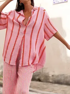 A Loose-Fitting Short-Sleeve Shirt with Color-Blocked Stripes, an Elegant Cardigan Top Suitable for Commuting, Fashionable for Daily Wear, Perfect for Outings on Valentine'S Day, Sweet And Cool, Ideal for Spring And Summer.
