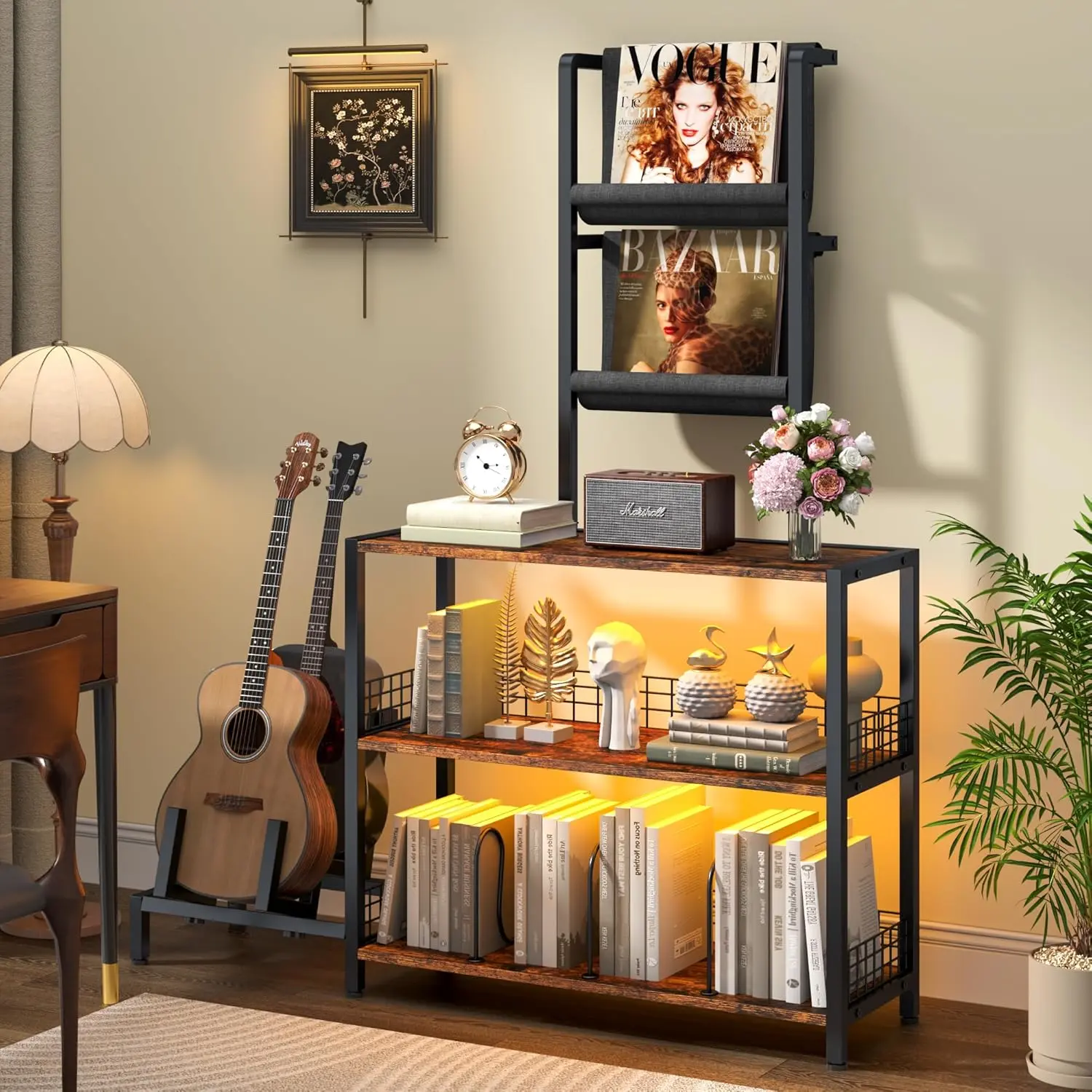 Brown High-Capacity Rectangular Wood-Metal Display Shelf Bookshelf - RGB Lighting, Adjustable Stand, Vinyl Holder, Book Storage, Record Player Stand, Wooden Curio Cabinet Floor Lamp for Living Room, Bedroom Décor