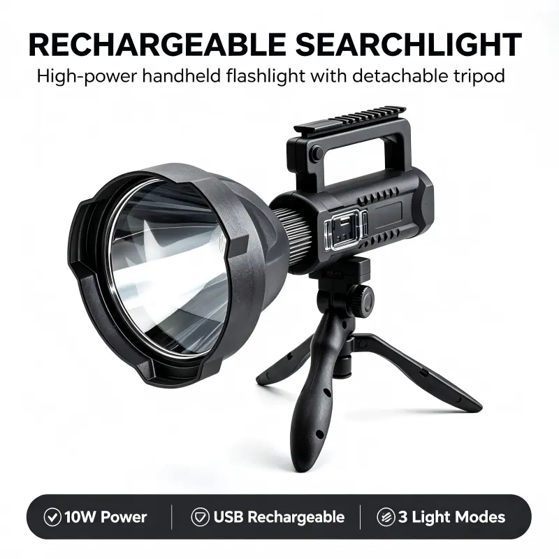 Compact Secondary Rechargeable Battery-Powered LED Spotlight - Portable Emergency Search Light with Removable Tripod Stand, 3 Lighting Modes, Dustproof, Waterproof for Camping, Power Outages, Hikers