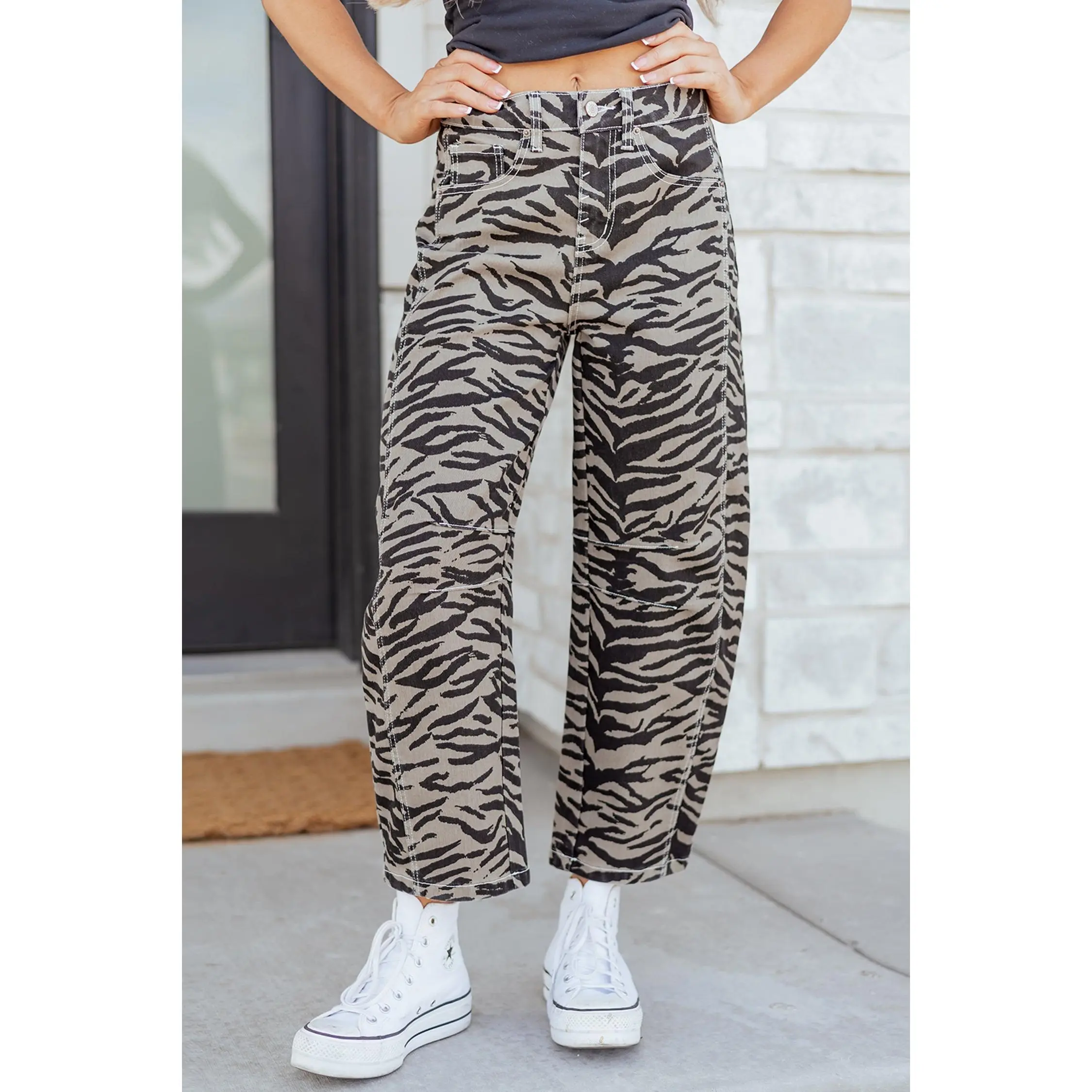 Zebra Stripe Jeans for Women, Mid-Rise Stretchy Barrel Leg Cropped Ankle Denim with Pockets, Stretchy Barrel Jeans, Wide Leg Striped Jeans