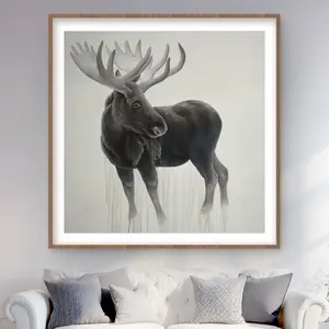 212 MAIN Bull Moose Framed Matted Print Wall Art, 48x48 in. Beige Artistic Nature-Inspired Deer Image, Holiday Home Decor Supply for Room Decoration