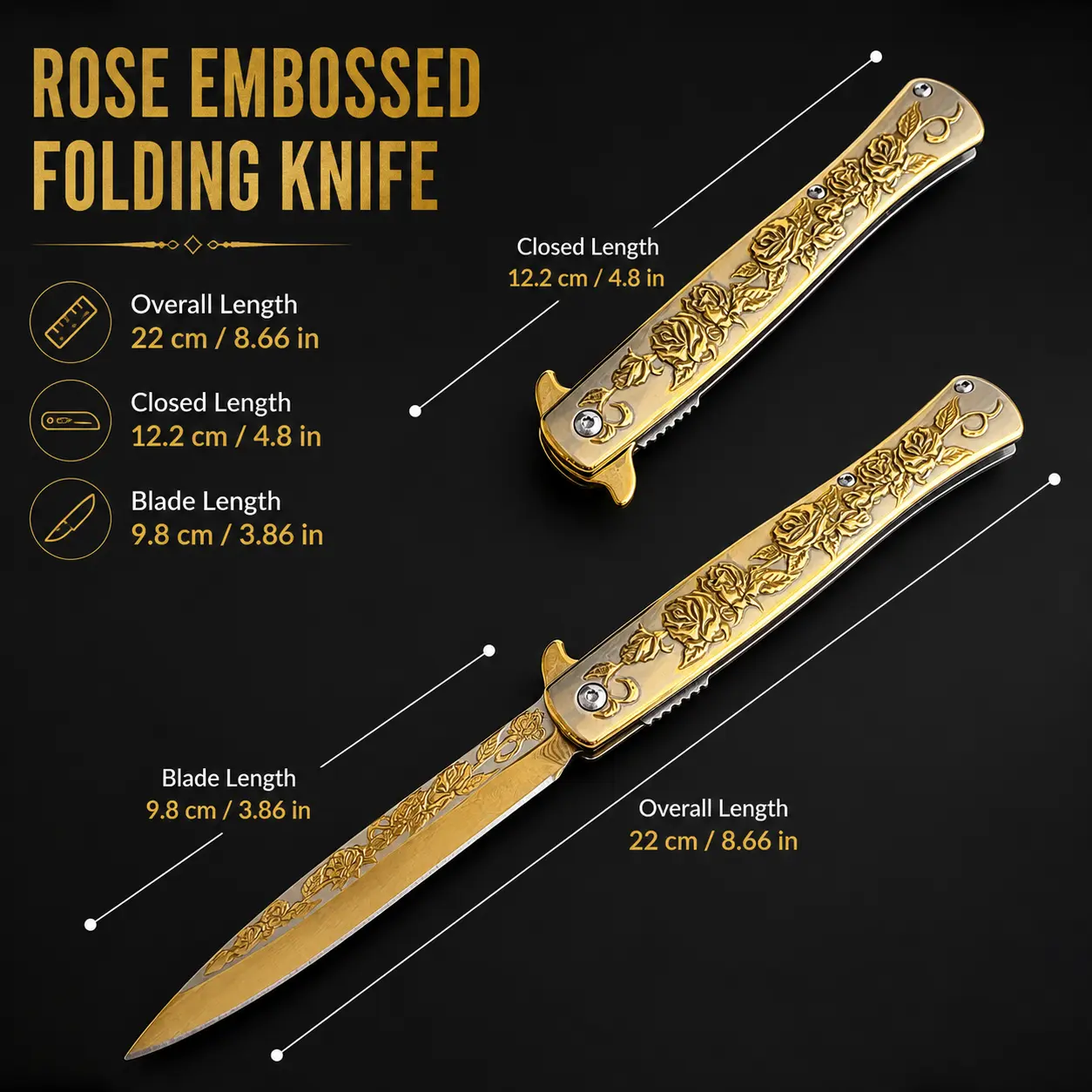 Luxury Golden Rose Engraved Folding Pocket Knife, Gold-Plated Stainless Steel Blade, Retro Floral Embossed Alloy Handle, Decorative Collectible Utility Tool for Gifting & Outdoor Everyday Carry