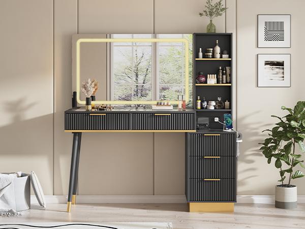 AMERLIFE 54" Tall Makeup Vanity, Vanity Desk Table with 35"W x 24"H Mirror, 5 Drawers, 3 Shelves & Charging Station, Glass Top, Modern Minimal for Home Storage/Interior Bedroom Furniture/Best Gift Ideas/Christmas Gifts