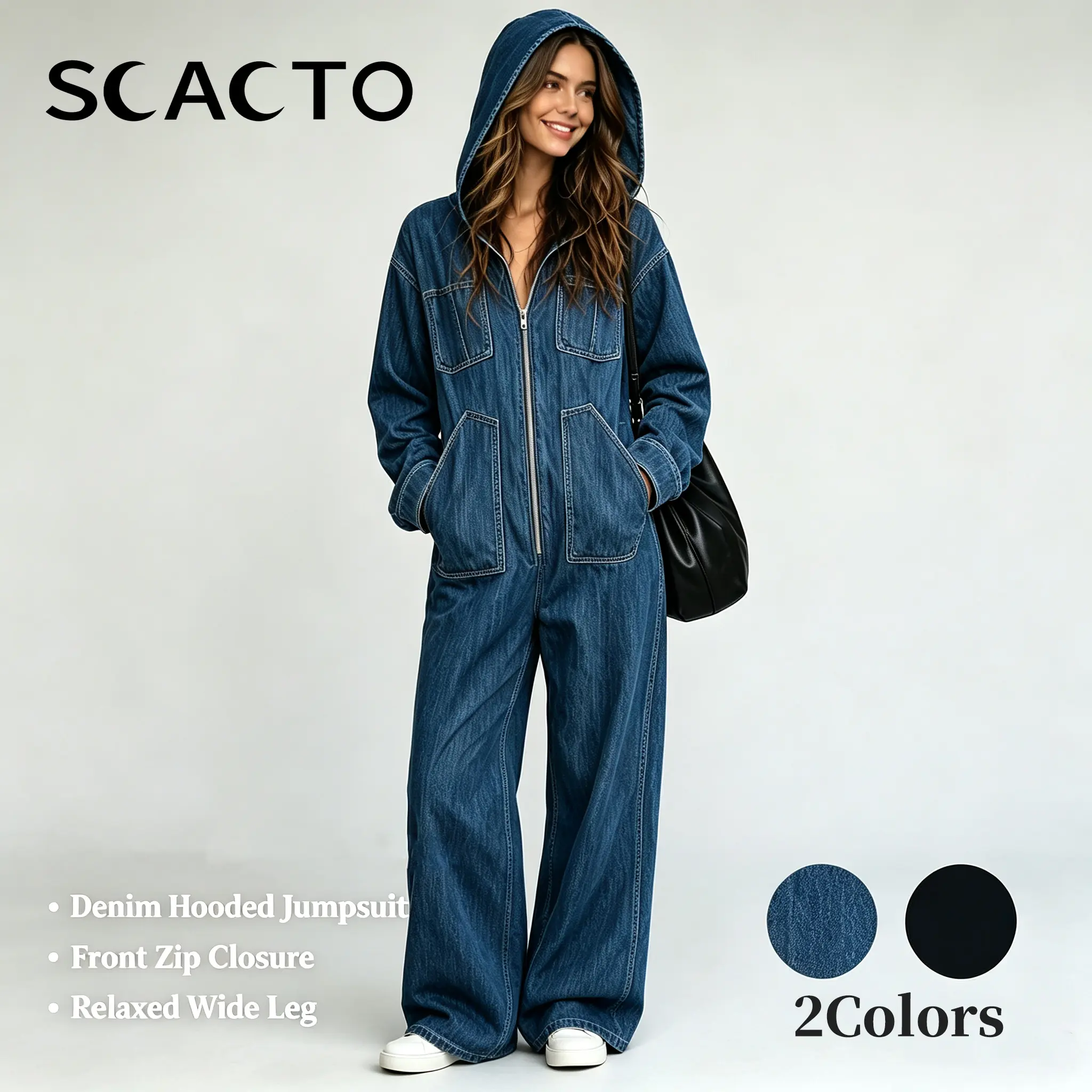 Scacto Women’s Hooded Denim Jumpsuit, Long Sleeve Zip Front Wide Leg Overalls, Casual Y2K Streetwear Outfit One Piece Outfit Pants Womenswear