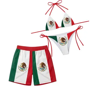 Mexico Matching Couple Swimwear Set, Mexican Flag Stripe & Eagle Emblem Bikini with Men Swim Shorts, Perfect Gift for Couples