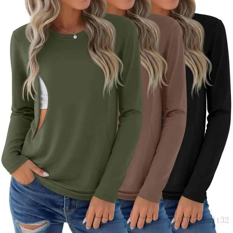 AAVibeVault32 3-Pack Nursing Tops, Long Sleeve Round Neck Knit Casual Breastfeeding Maternity Shirts with Zipper