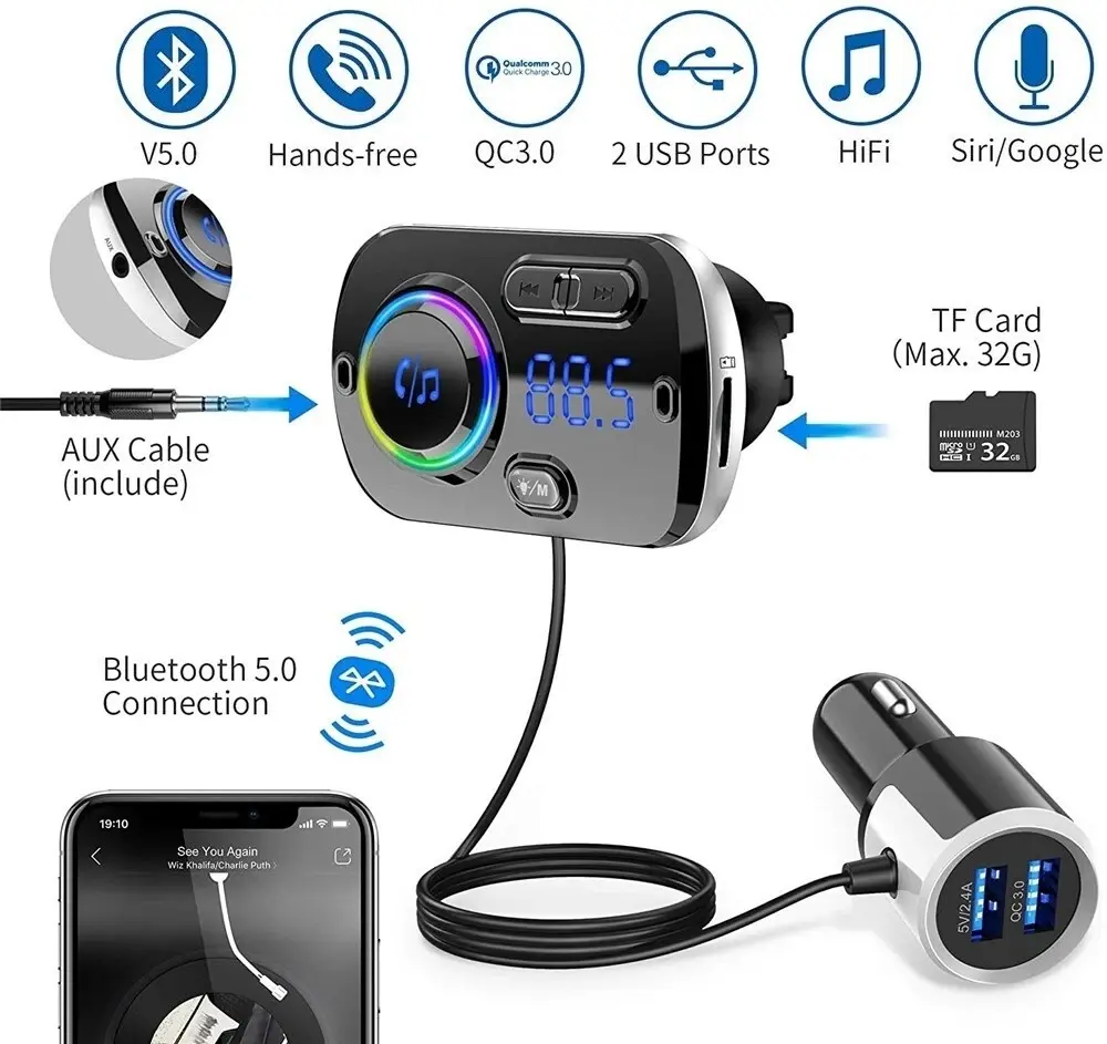 Handsfree Wireless Bluetooth FM Transmitter Car Kit Mp3 Player with USB Charger