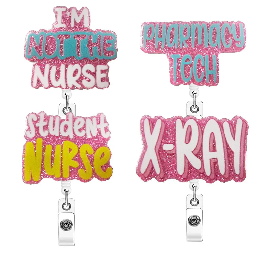 Cute Nurse Themed Badge Holder, 1 Count Glitter Badge Reel, Identification Badges & Supplies for Student Office Staff Doctor Nurse Teacher