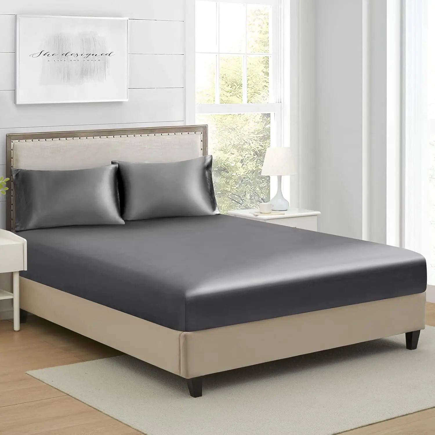 Queen Silk Fitted Sheet, Soft Deep Single Bottom Bed Sheets Sold Separately, Wrinkle Free, Non- Fading, Breathable, Fully Elasticized(Queen Size, Dark Grey)