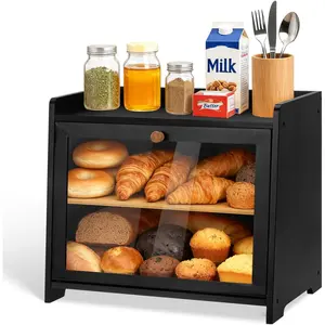 Bread Box for Countertop, Bamboo Bread Stoage Container Bin, 2 Layer Breadbox Holder Large Capacity Vintage Farmhouse Food Organizer with Cutting Board Pantry Shelf, Window