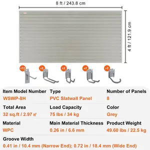 VEVOR Slatwall Panels with Hooks, 4 ftx 1 ft Gray Garage Wall Panels 12Hx 48L (Set of 8 Panels), Heavy Duty Garage Wall Organizer Display for Retail Store, Garage Wall, Craft Storage Organization