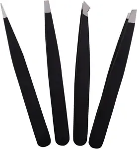 Black Tweezers Set for Ingrown Facial Hair Removal- Professional 4pcs Eyebrows Tweezers Kit with Leather Pouch for Women Men and Adults