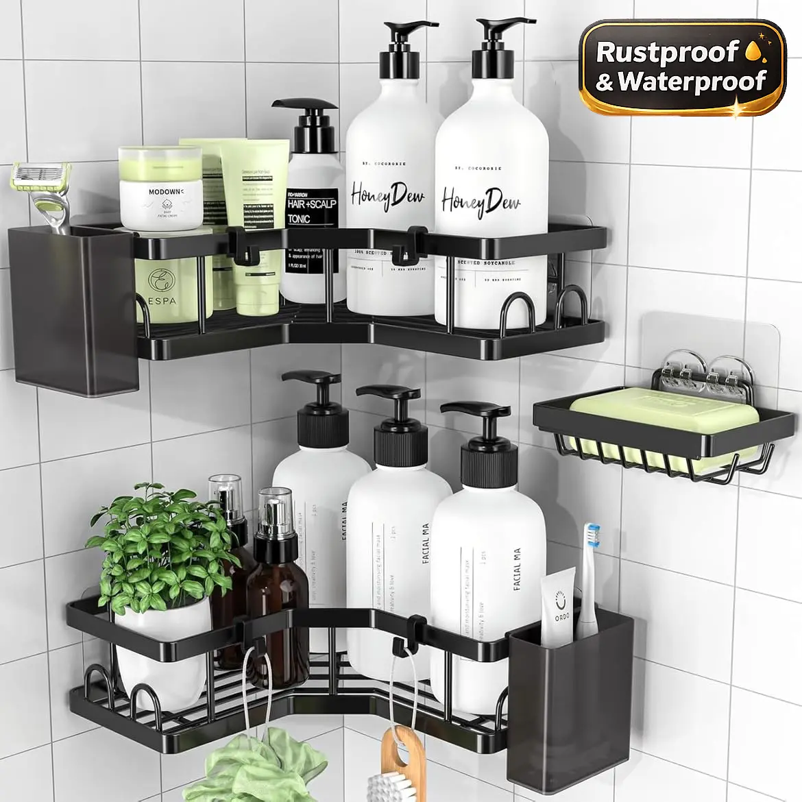 Benazcap Corner Shower Caddy 3 Pack, Rustproof Stainless Steel, Space-Saving L-Shaped, No Drilling, with Soap Holder, Hooks, Toothpaste Holders, for Bathroom or Kitchen, Black