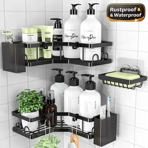 Benazcap Corner Shower Caddy 3 Pack, Rustproof Stainless Steel, Space-Saving L-Shaped, No Drilling, with Soap Holder, Hooks, Toothpaste Holders, for Bathroom or Kitchen, Black