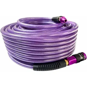 Polyurethane(PU) Air Hose 1/4-Inch x 100ft Reinforced, lightweight Anti-low temperature 300PSI with 1/4" Swivel Industrial Aluminum Quick Coupler and Plug, Bend Restrictor,Purple(100')
