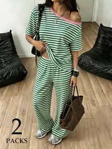 Women's Loose Fit Striped Drop Shoulder T-Shirt & Wide Leg Pants Set, Casual Summer Two-Piece, Multi-Color Options, Comfortable Daily Wear