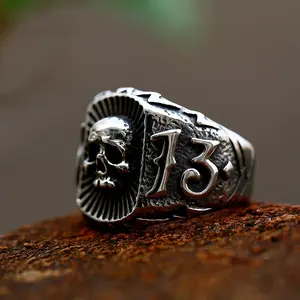 Edgy Gothic Skull & Number 13 Stainless Steel Ring - Vintage Punk Hip-Hop Style, Intricate Design, Durable Material, Skull Decor