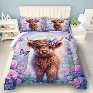 3-piece Highland Cow Butterfly Flower Quilted Quilt Set, Soft and Breathable Polyester Bedding (1 Quilt+2 Pillowcases, without Pillow Core) Suitable for Bedroom, Air Conditioning Room, Dormitory, Home, Countryside Theme, Digital Printing