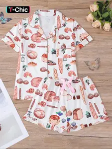 Women's Cartoon Food Print Shirt & Elastic Waist Shorts Pyjama Two-piece Set, Casual Comfy Short Sleeve Top & Shorts PJ Set, Ladies Sleepwear Homewear Clothes for All Seasons Pajama Set
