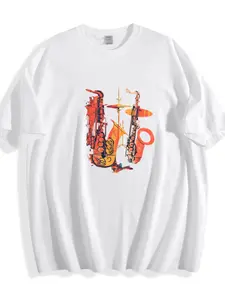 Vintage Saxophone Drum Set Graphic T-Shirt, Jazz Music Print Tee, Casual Oversized Cotton Top for Men, New Orleans Jazz Festival Outfit, Music Lover Gift