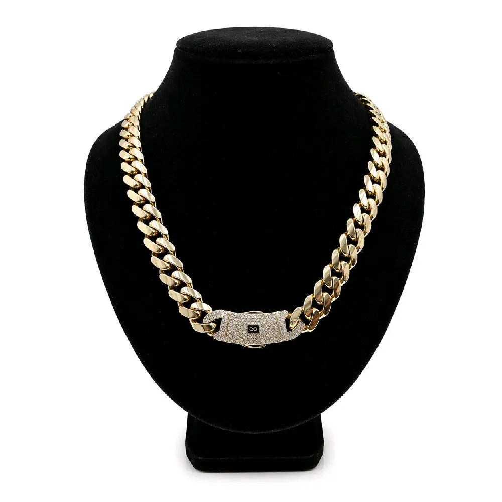 MONACI 14K Yellow Gold Hollow Cuban Chain Necklace 22 Inches 13.0MM Cubic Zirconia Lock Handcrafted in New York City US