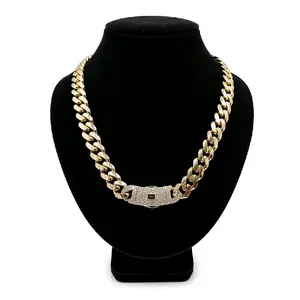 MONACI 14K Yellow Gold Hollow Cuban Chain Necklace 22 Inches 13.0MM Cubic Zirconia Lock Handcrafted in New York City US