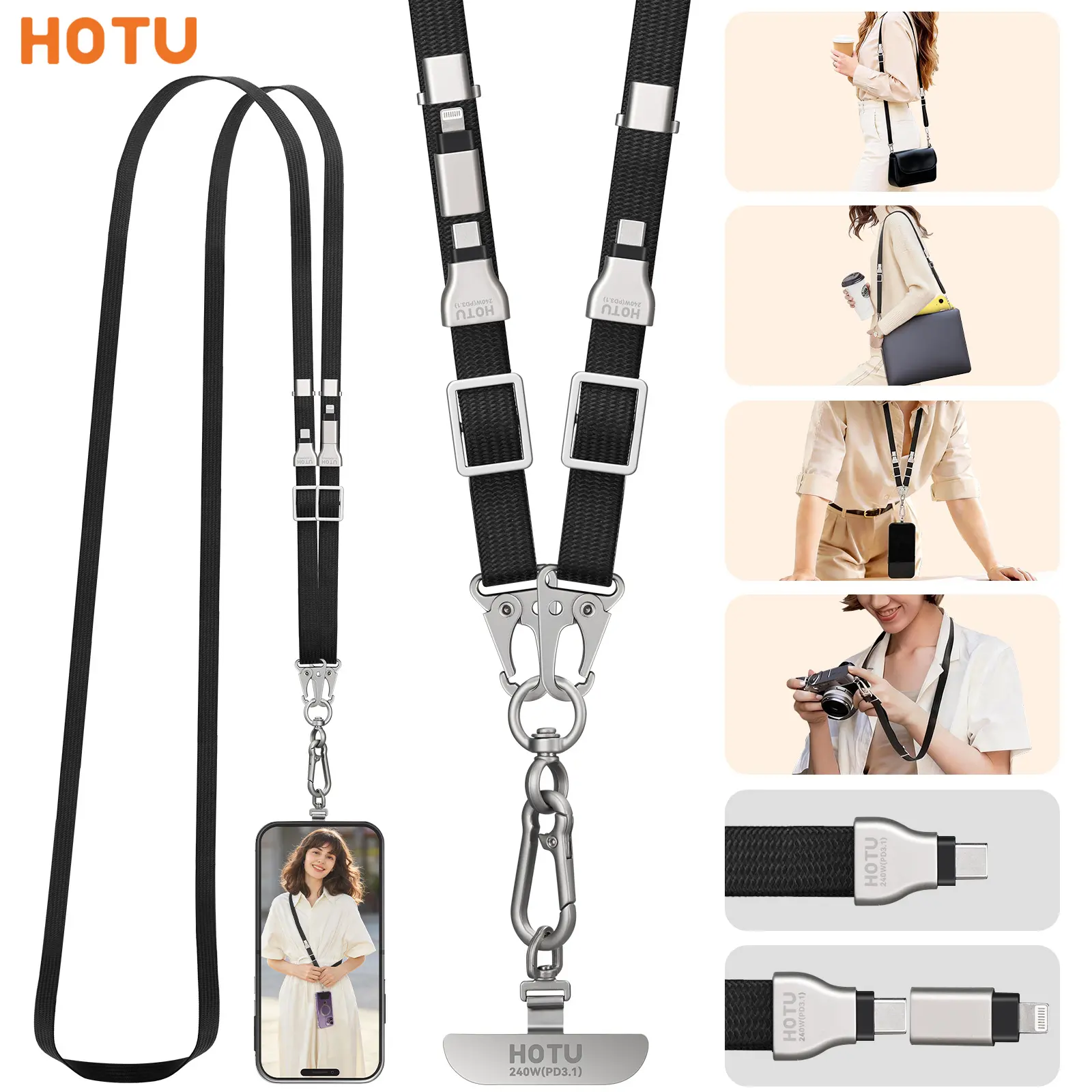 HOTU 240W PD 2-in-1 Multi-Functional Wearable Charging Lanyard - Hidden Adjustable Crossbody/Necklace Strap Cable，USB-C to C with Lightning Adapter, Data Sync 480Mbps, Max 20KG Load for iPhone/Android/Camera/Mac