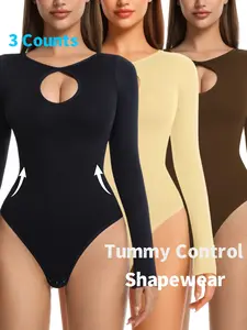 Women's Plain Knit Long Sleeve Shapewear Bodysuit, Thong Style Three-Button Design, Slimming Tummy Control & Butt Lifting, Ladies Intimate Apparel