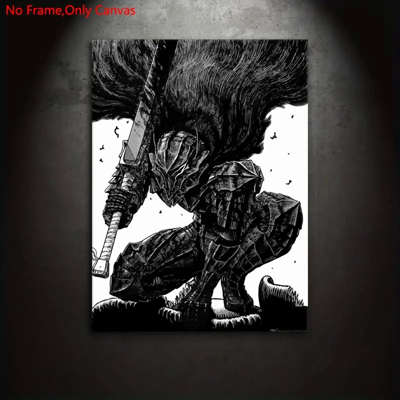 1 piece/set frameless canvas print poster, minimalist art, Anime Design, retro classic anime Black Knight Guts, gift for Japanese manga culture lovers and bedroom, living room, kitchen, dormitory corridor, wall decoration