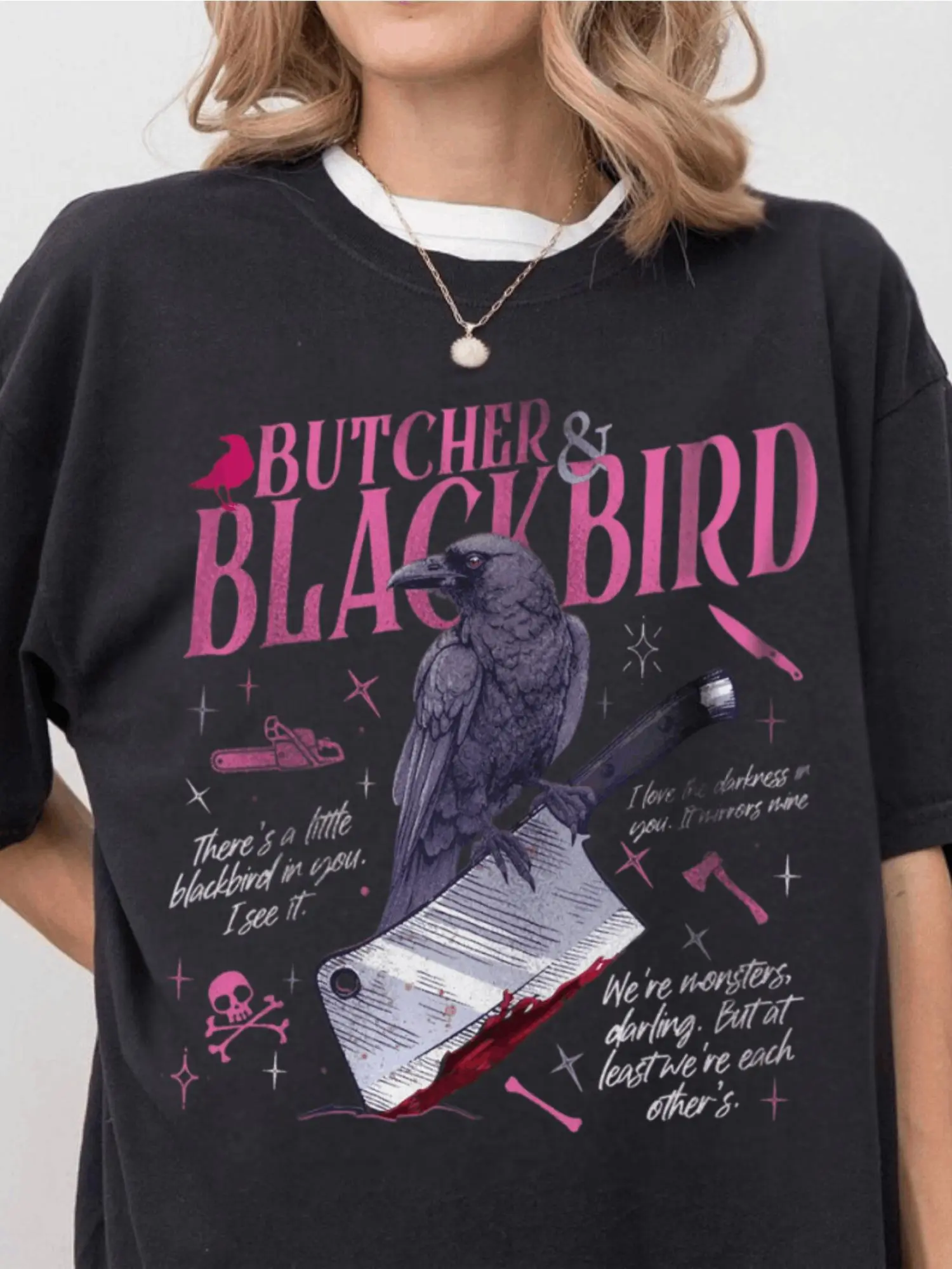 180G Fun PrimeDay Earth Day Holiday Print Unisex T-Shirt, Butcher and Blackbird "Secret Love Romance Series" T-Shirt Inspired by Brianna Weaver, Short Sleeve Women's Top with Crow, Scythe, and Star Design, Pink Accessories