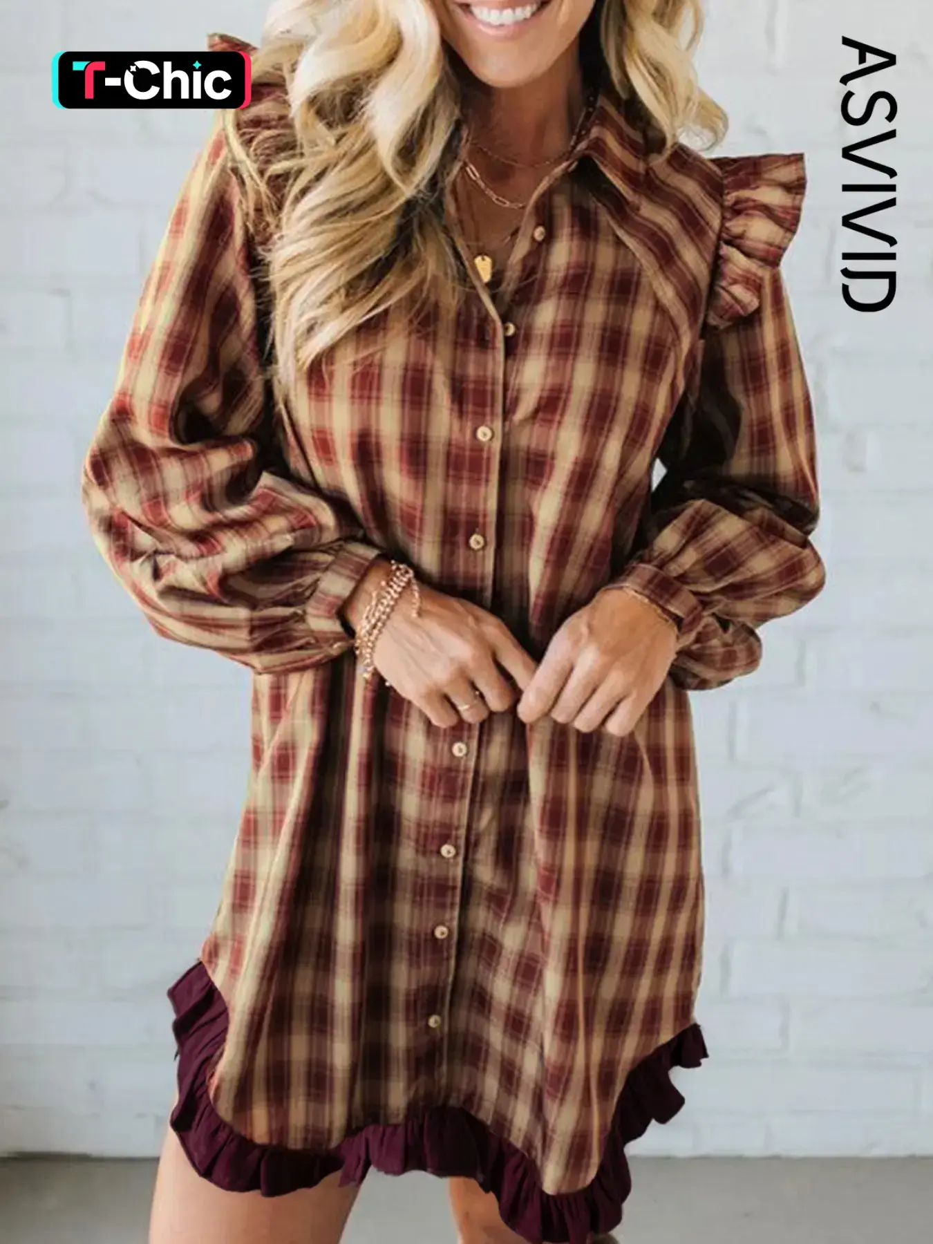 Women's Plaid Print Ruffle Patchwork Hem Pocket Long Sleeve Mini Shirt Dress, Fall Winter Fashion, Casual Style, Perfect for Daily Wear