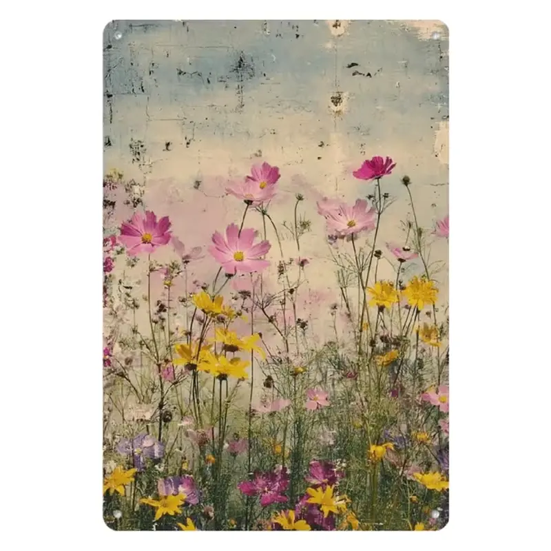 Vintage Pastel Pink Yellow Cosmos Flowers Metal Tin Sign - 8x12in Waterproof Hanging Kitchen Wall Plaque, Distressed Cracked Blue Sky, Weathered Wood Rustic Farmhouse Decor for Balcony, Garden/Porch