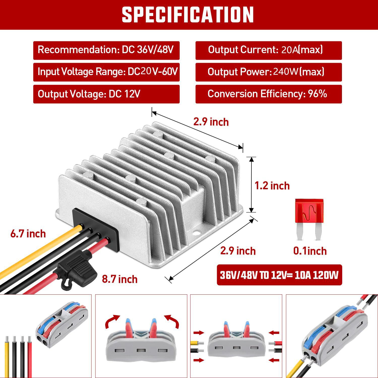 36V/48V to 12V Voltage Converter 240W 20A Regulator Step Down to 12VDC Waterproof DC Convert Reducer Power Supply Transformer Module