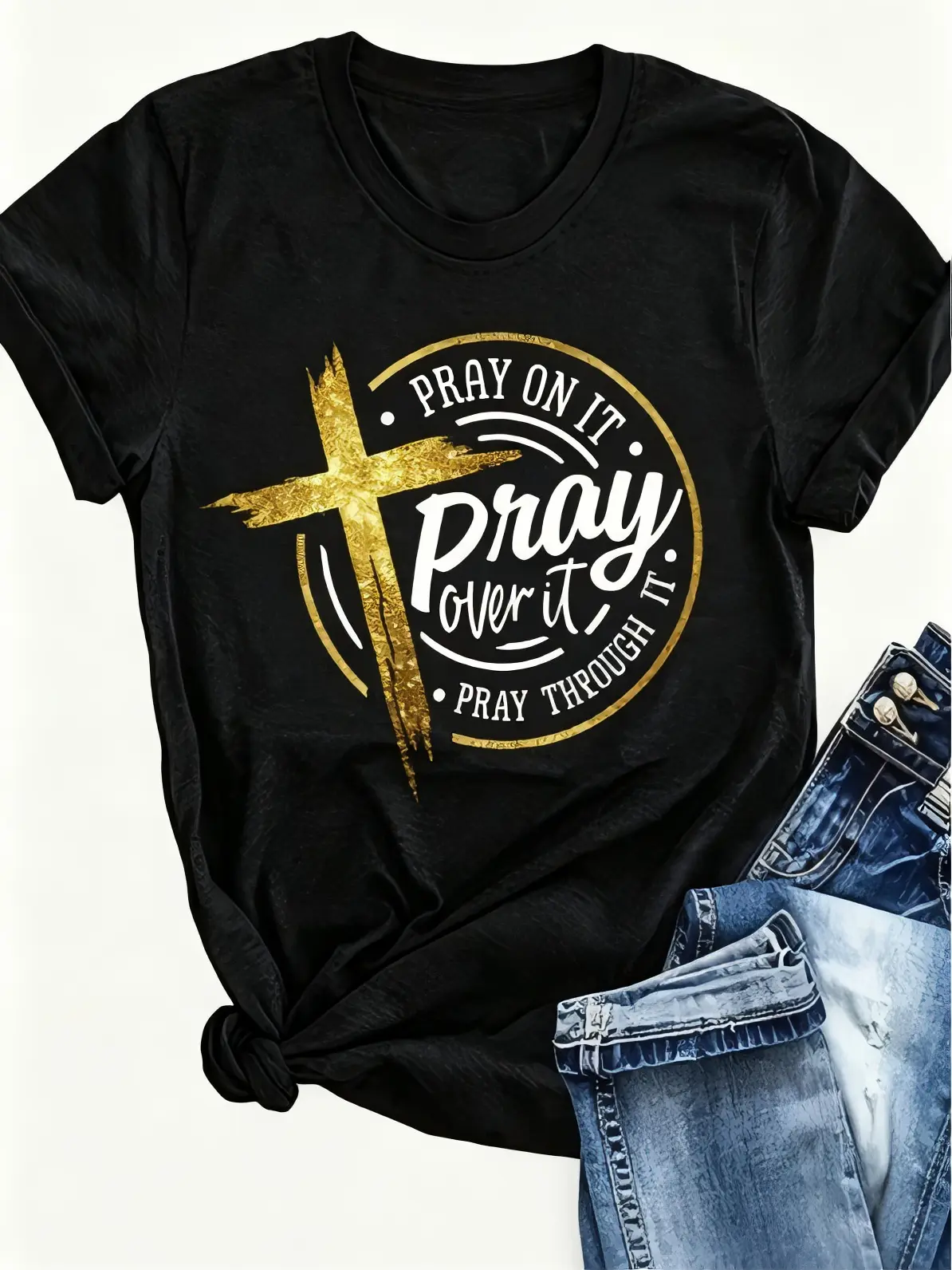 Pray On It T-Shirt with Gold Cross Design - Black Crew Neck Short Sleeve Top for Women
