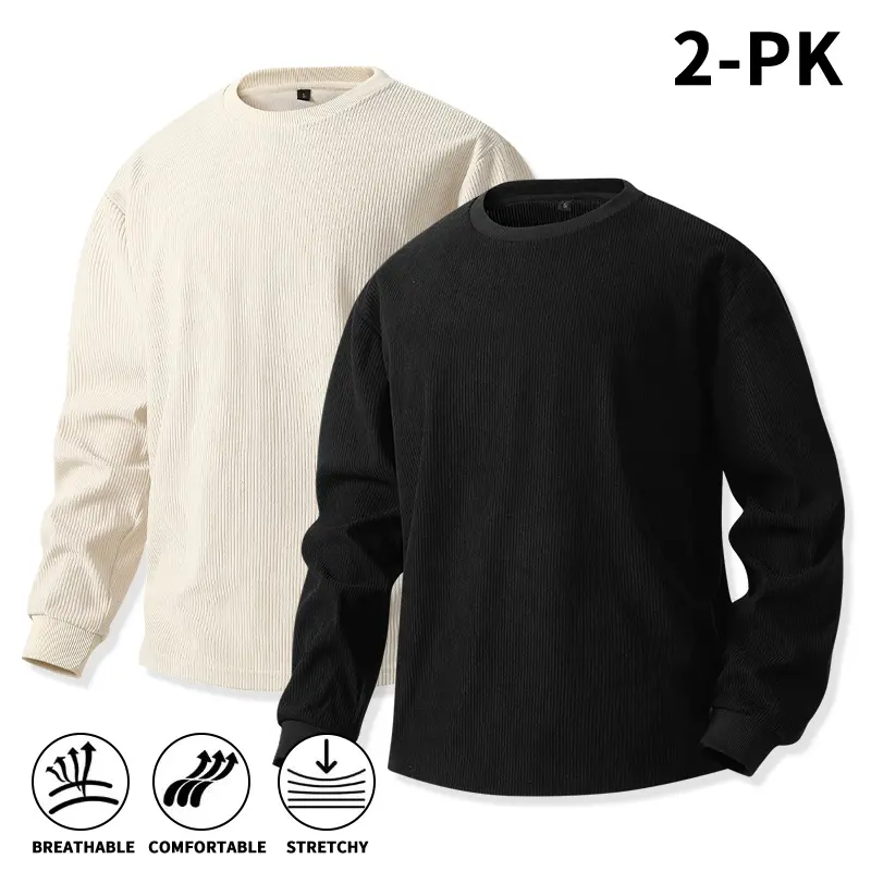 Men’s 2-Pack Corduroy Sweatshirts for Fall/Winter, Crew Neck Pullovers, Stretch, Breathable, Warm, Casual, Long Sleeve, for Everyday Wear classic