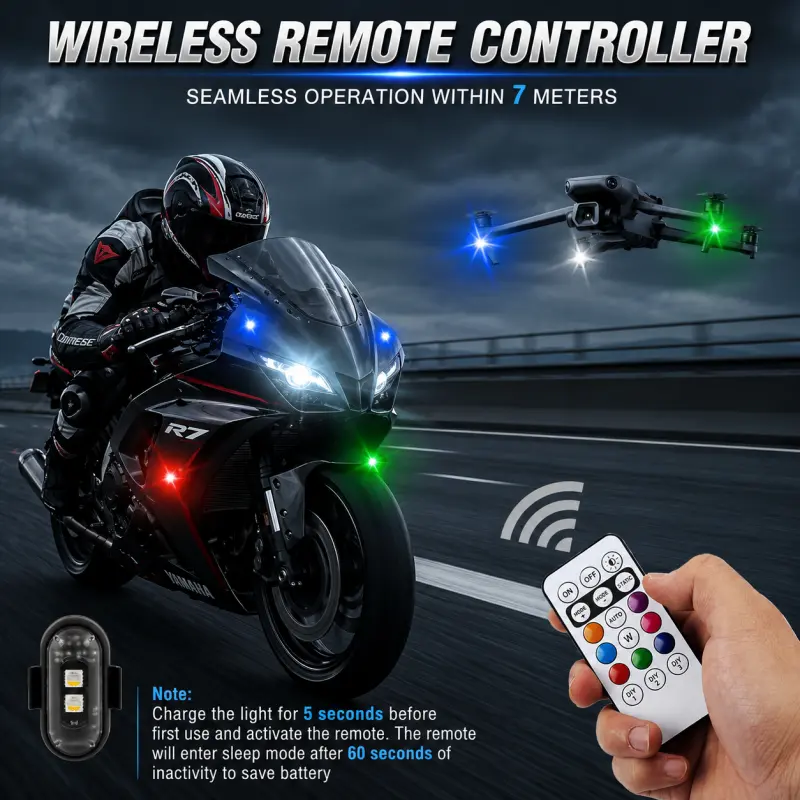 RGB LED Aircraft Strobe Lights - 8-Color Wireless Remote-Controlled Multifunctional USB Charging Emergency Safety Lights for Vehicles, Bicycles, Drones - Enhanced Visibility Motorcycle/Cycling Collision Protection Accessories
