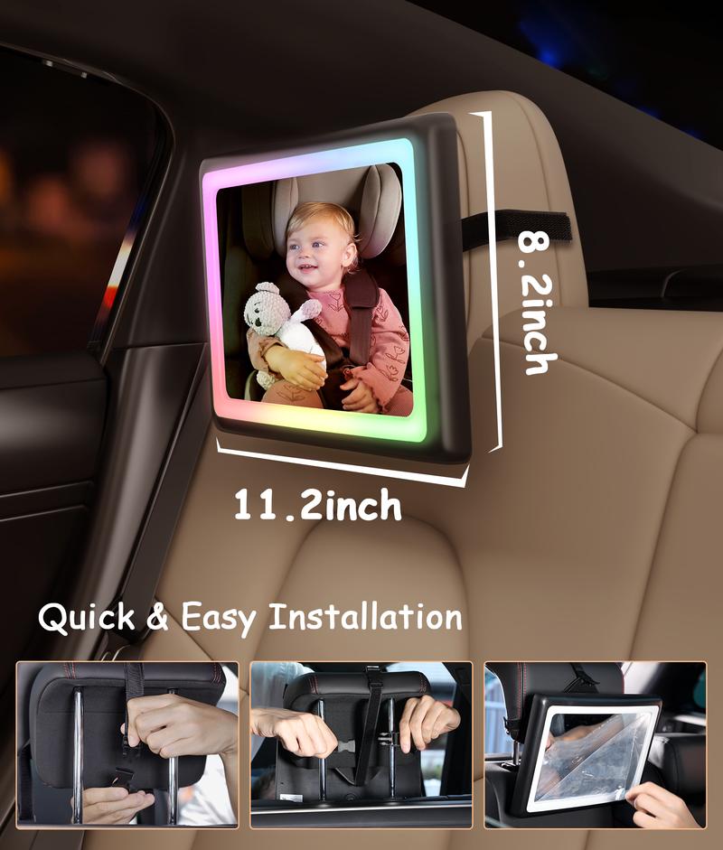 [Black Friday] Safety Car Seat Mirror with Seven Customized RGB Lights and 15° Convex Mirror for Wide Horizon Viewing - Well-prepared for Long Drive Rear Viewing