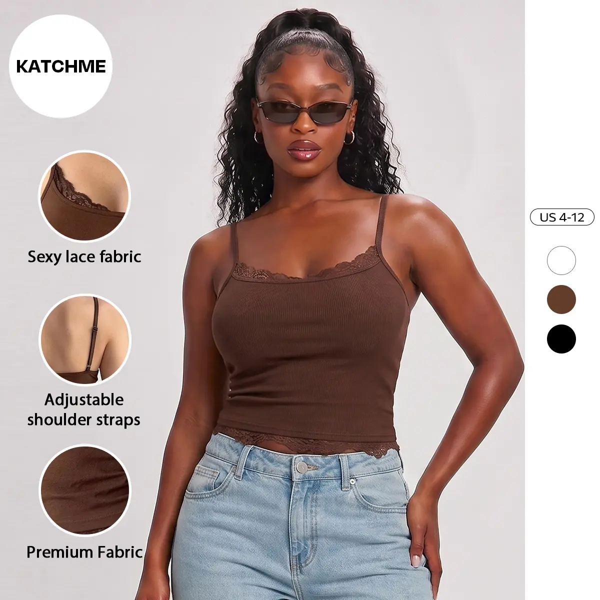 Katch Me Chic Women's Basic Solid Color Lace Trim Adjustable Thin Strap Camisole, Soft Seamless Sweat-Wicking Flattering Fit Top, Casual Skin-Friendly Womenswear