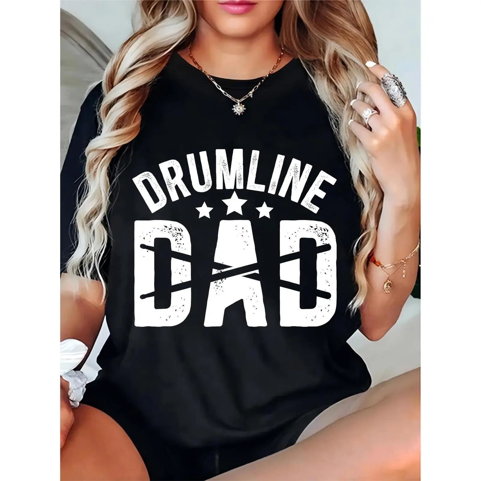 Women's Black Drumline Dad Distressed T - Shirt with Stars, Casual Father's Day/Concert Outfit for Drumline Enthusiasts & Dads, Basic, Comfortable, Shortsleeve, Elegant, Prints, Ladies